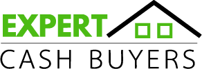 Logo for 'Expert Cash Buyers,' featuring the words in a combination of green and black text with a house silhouette above the name.