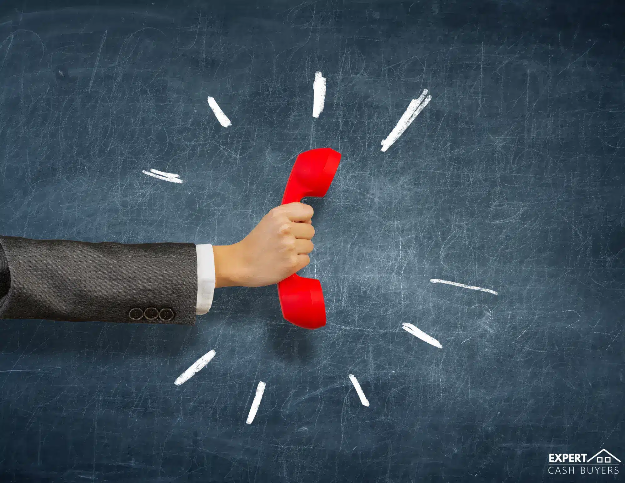 A hand wearing a suit sleeve holds a red telephone receiver against a chalkboard background, with chalk marks radiating outward to suggest urgency.