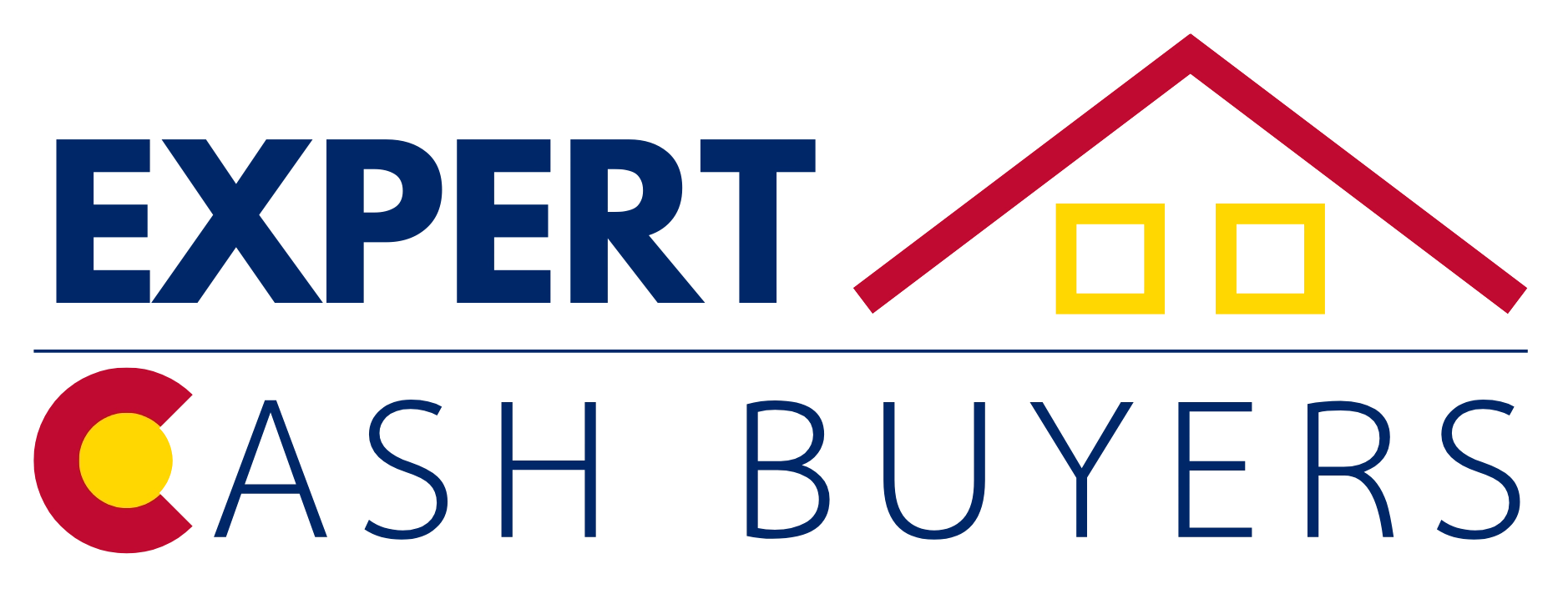 Logo for Expert Cash Buyers, featuring the text in blue and black, with a red roof graphic above two yellow windows.