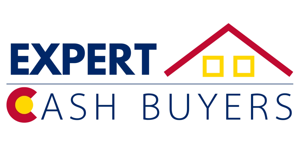 Logo for Expert Cash Buyers featuring blue text. The 'C' in 'CASH' is stylized in red and includes a Colorado flag design. Above the text is a red roof graphic with yellow and white windows.